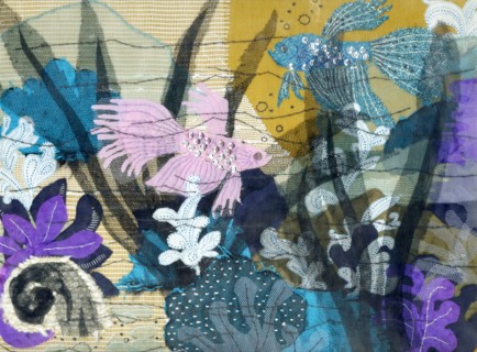 Siamese fighting fish, fabric collage, 1970s. Creator: Shirley Markham.