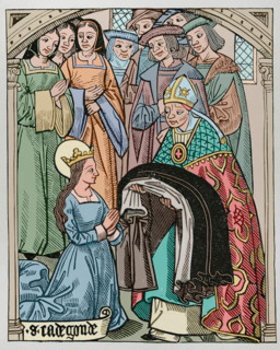 Radegund receiving the habit and being consecrated a deaconess by Medard (456-545)…1513 (1877). Creator: Unknown.