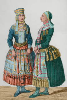 Mordvin women wearing traditional costumes, 1839. Creators: Augustin François Lemaitre, Emile Louis Vernier.