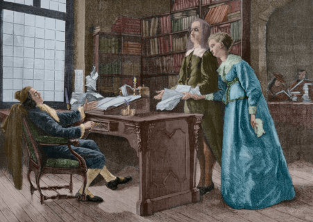 Milton selling the manuscript of his poem "Paradise Lost" to a publisher. 1667 (1881). Creator: Unknown.
