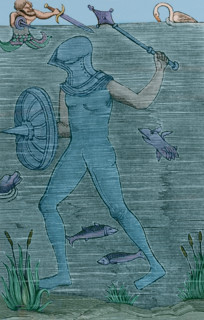 Man-at-arms - diver using an armoured sealed diving suit to breathe, 1532, (1877).  Creator: Unknown.