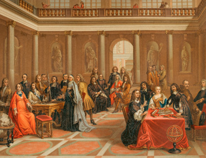 René Descartes, (1596-1650) conducting a demonstration to court of Queen Christina of Sweden, 1882. Creator: Nordmann.