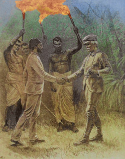 Meeting of Emin Pasha, (1840-1892) and Henry Morton Stanley, (1841-1904) at Kavalli, 29 April 1888.  Creator: Unknown.