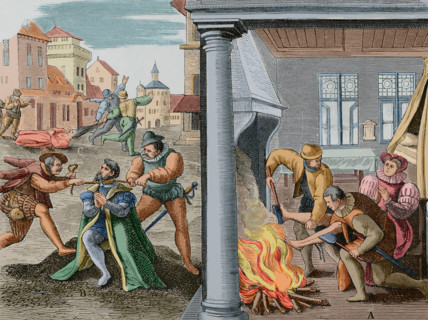 French Wars of Religion: violence by French Huguenots against Catholics, 1587 (1877).  Creator: Unknown.
