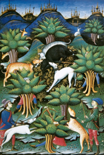 Wild boar hunting, miniature of a treatise on falconry and hunting, 1459.  Creator: Unknown.