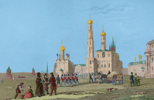 Kremlin complex, Cathedral Square, Moscow, Russia, 1839. View of the Ivan the Great Bell Tower.  Creator: Augustin François Lemaitre.