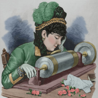 A "prima donna" singing by using Edison's phonograph receiver, New York, United States, 1878.   Creator: Unknown.