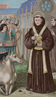 St Anthony of Padua, (1195-1231) wishing to demonstrate to a heretic who asked him for a...(1877).  Creator: Unknown.