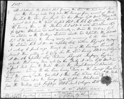 Page from the HMS Victory logbook, Battle of Trafalgar, 21 October 1805, (c1955).  Creator: Arthur Charles Kirby Ware.