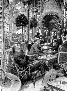 The busy man's play-time: the good music, coffee and cigar in a winter garden, 1909.  Creator: Samuel Begg.