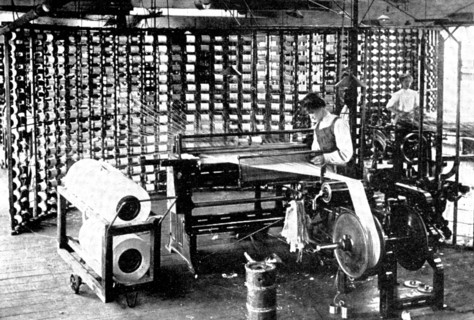 Fabric in the making: warping, 1909. Creator: Unknown.