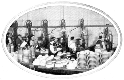 Shaping hats and helmets: the hydraulic presses at work, 1909. Creator: Unknown.