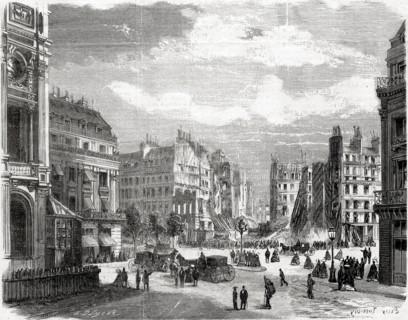 Les travaux du baron Haussmann à Paris, juin 1868. L'aspect de l'angle de la rue de la Paix, ouvert