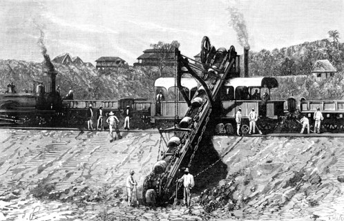 1904, la reprise des travaux du canal de Panama par les Etats-Unis, un excavateur à l'ouvrage.
