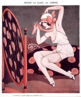 Les années folles, femmes, Mode, sous vêtements. Une jeune femme à demi nue, ajuste son chapeau