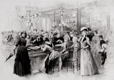 Les magasins du Bon Marché en 1889: clientes et vendeurs au comptoir de ganterie.  Dessin d'Emile