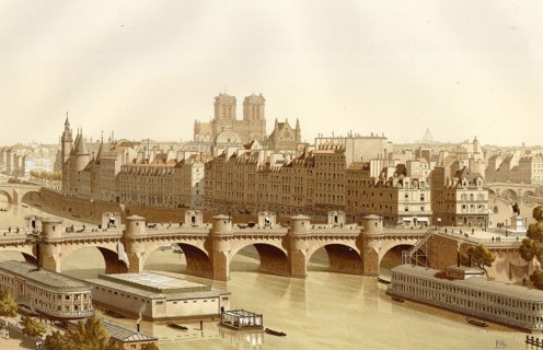 La Seine et le pont Neuf à Paris. De gauche à droite : Le pont au Change, le Pont-Neuf, les bains