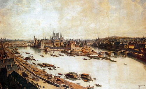 La Seine et l'île de la Cité à Paris en 1588, les débuts de la construction du pont neuf. Au