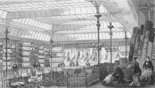 En 1880 à Paris: le comptoir de la literie des magasins du Bon Marché, après de nouveaux travaux