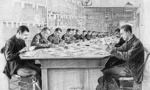 Les magasins du Bon Marché en 1889.  Employés procédant au dépouillement de la correspondance.