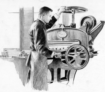Les magasins du Bon Marché en 1889.  Employé actionnant une machine à découper au service des