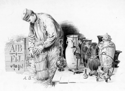 Les magasins du Bon Marché en 1889.  Déballage des japonaiseries avant leur mise en vente. Dessin