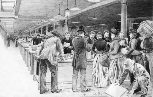 Les magasins du Bon Marché en 1889.  La réception des marchandises achetées, qui seront ensuite