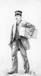Les magasins du Bon Marché en 1889: un garçon livreur.  Dessin d'Adolphe Binet paru dans