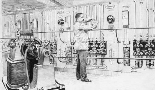 Les magasins du Bon Marché en 1889. Le service de l'éclairage de l'établissement.  "Le service de