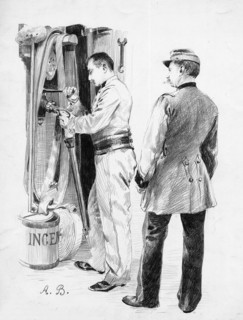 Pompiers des magasins du Bon Marché, en 1889.  Vingt pompiers, "choisis parmi les mieux notés de