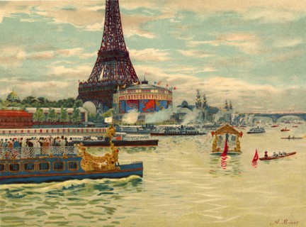 Vue de l'Exposition universelle de 1889 à Paris, depuis les berges de la Seine. Au pied de la Tour