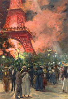Pendant l'Exposition Universelle de 1889 à Paris, embrasement de feux de Bengale rouges sur la Tour
