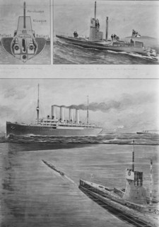 L'attaque en plongée d'un U.12, sous-marin allemand, le U-boat complètement immergé, lance une