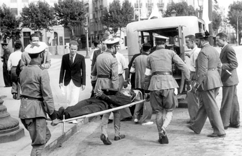 Injured man being evacuated, 1936