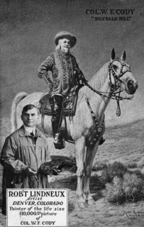 Buffalo Bill on his horse Isham, and painter Robert Lindneux