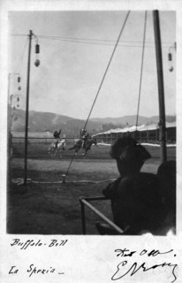 Photo card representing Buffalo Bill on horseback in La Spezia (Italy)