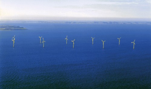 Windmills in the middle of the Ocean along the Danish Coasts.