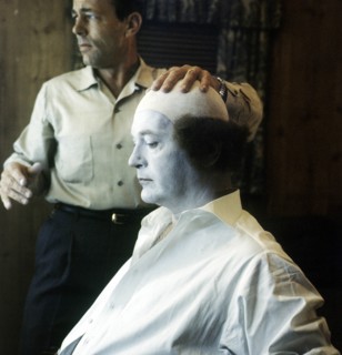 Curd JÜRGENS as a clown in 'The Blue Angel', is made up
