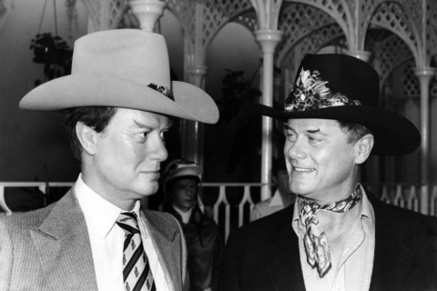 Larry HAGMAN with his wax figure, 1980