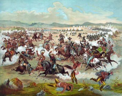 Print depicting Custer's Last Stand with the US 7th Cavalry at the Battle of the Little Bighorn in 1876.