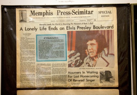 Memphis Press-Scimitar newspaper front page on the day that Elvis Presley died on display at Sun Studios in Memphis. Image shot 2013. Exact date unknown.
