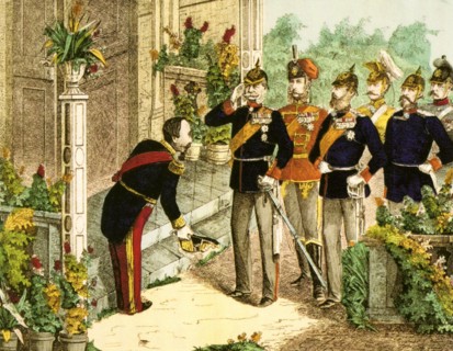 EMPEROR NAPOLEON III of France submits to King William I of Prussia after the French defeat at Sedan on 2 September 1870