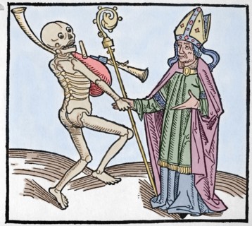 Dance of Death. Allegory of universality of the death. Colored engraving.
