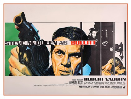 Vintage UK film movie poster for the Steve McQueen movie "Bullitt" (1968).Bullitt is a 1968 American action thriller film directed by Peter Yates and produced by Philip D'Antoni. The picture stars Ste...
