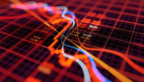 Stock market chart showing falling equity prices after a sudden crash. Bear market 3D illustration.
