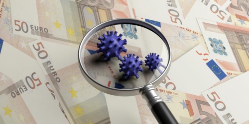 Coronavirus COVID 19 global economy finance crisis concept. Medical magnifying glass on virus strains, euro banknotes background. Covid19 research mon