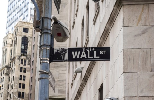 Sign post of wall street at The New York Stock Exchange the world's largest stock exchange, NYC, United states.