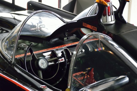 The interior of the original Batmobile for the TV series featuring Adam West and Burt Ward