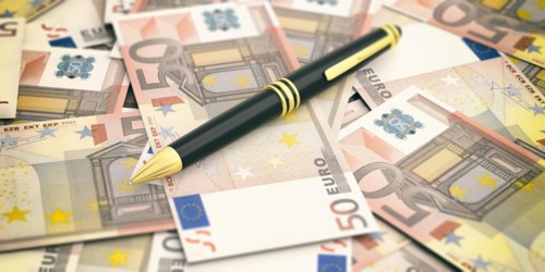 Ballpoint pen on euro banknotes background. 3d illustration