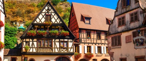 Traditional colorful houses in Kaysersberg village,Alsace region,France